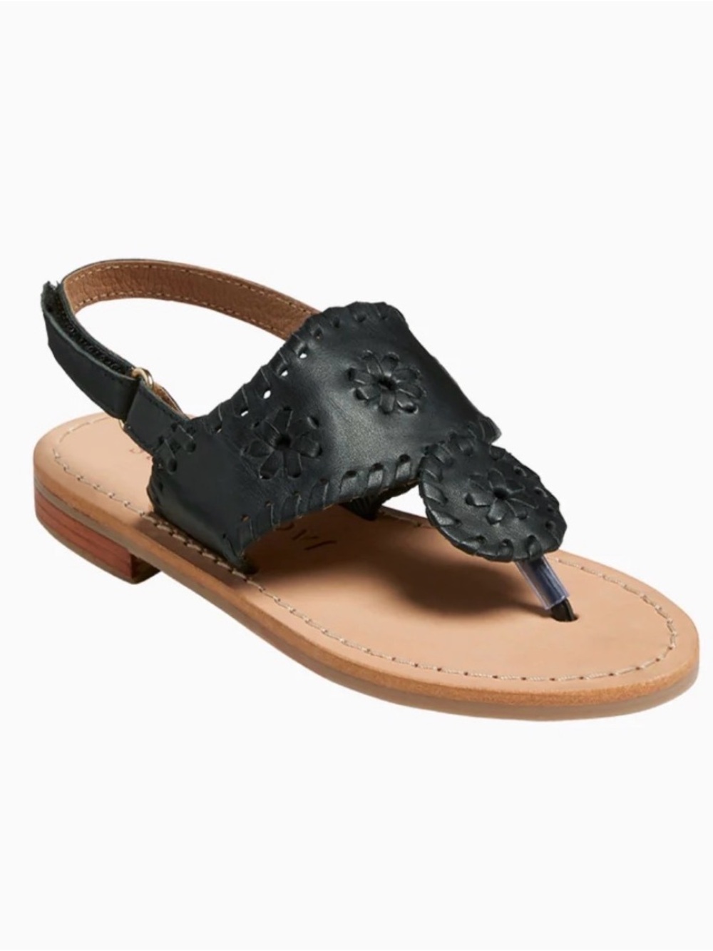 Jack Rogers Black Leather Girls' Slingback Thong Sandals